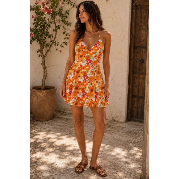 Cider Dresses & Skirts - CIDER NWT Orange Floral Halter Mini Dress Women's L Retro Y2K Summer Cottagecore